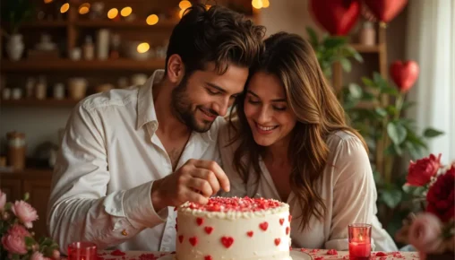 Casal se abraçando e sorrindo, com uma atmosfera romântica e festiva de aniversário