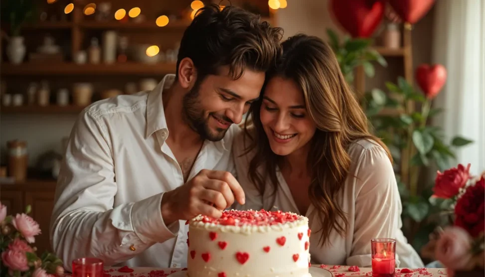Casal se abraçando e sorrindo, com uma atmosfera romântica e festiva de aniversário